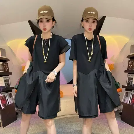 黑色拼接无袖T恤女夏季新款韩版圆领宽松休闲百搭中长款开叉上衣图片
