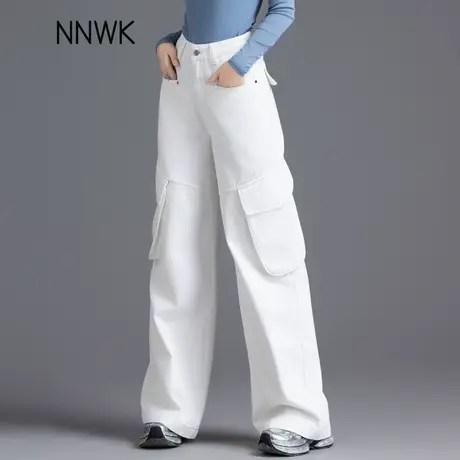 白色多口袋阔腿工装牛仔裤女2025新款春秋季宽松显瘦直筒裤长裤子商品大图