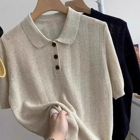 日系polo领冰丝针织衫短袖t恤女2025新款夏季设计感小众正肩上衣商品大图