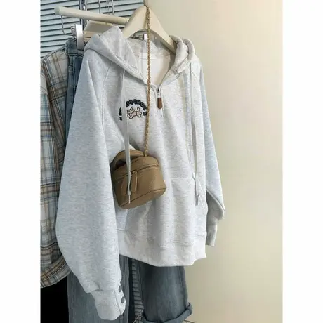 美式复古半拉链连帽卫衣女春秋冬季薄款宽松韩版刺绣长袖上衣外套商品大图