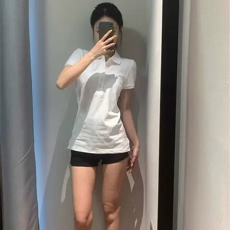 白色翻领POLO衫短袖T恤女夏季修身韩版高级感纽扣设计感半袖上衣图片
