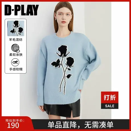 DPLAY秋季圆领通勤风蓝色毛衣宽松休闲针织套头毛衣上衣女商品大图