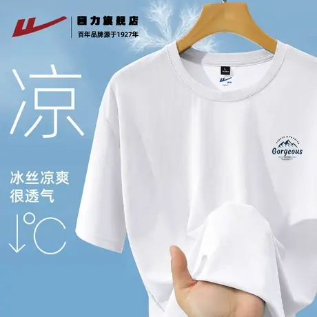 回力冰丝凉感短袖男夏季白色简约半袖宽松大码男士速干运动t恤衫K商品大图