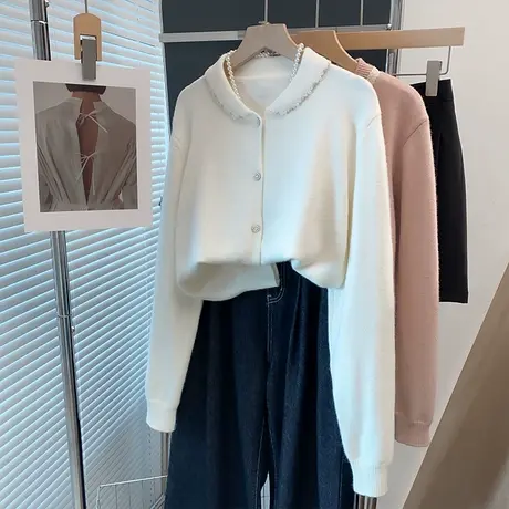 娃娃领毛衣外套女2025春秋新款宽松慵懒风外穿上衣洋气钉珠针织衫商品大图