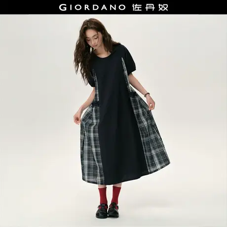 设计师款佐丹奴裙子女新款拼接格纹圆领插肩短袖连衣裙女18465823商品大图
