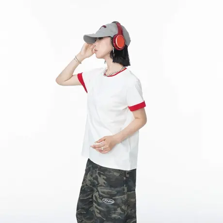 美式复古撞色短款正肩短袖T恤女夏季新款修身显瘦休闲半袖上衣潮图片