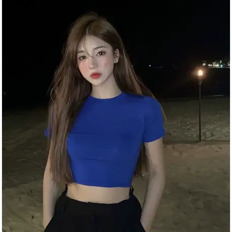 宝石蓝薄款圆领爵士舞女微透视纯色紧身弹力短袖t恤修身舞蹈上衣图片