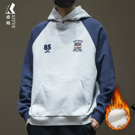 希越重磅加绒男士卫衣秋冬新款美式潮牌撞色连帽衫宽松大码男上衣商品大图