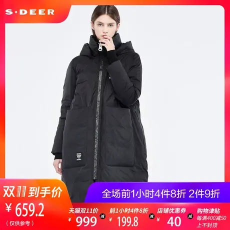 sdeer圣迪奥2019冬装新款英文印花贴袋高领连帽羽绒服女S18482422商品大图