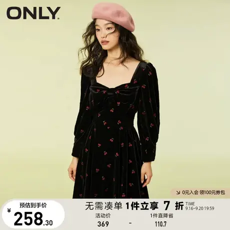 ONLY奥莱夏季法式方领收腰显瘦丝绒长袖连衣裙女图片