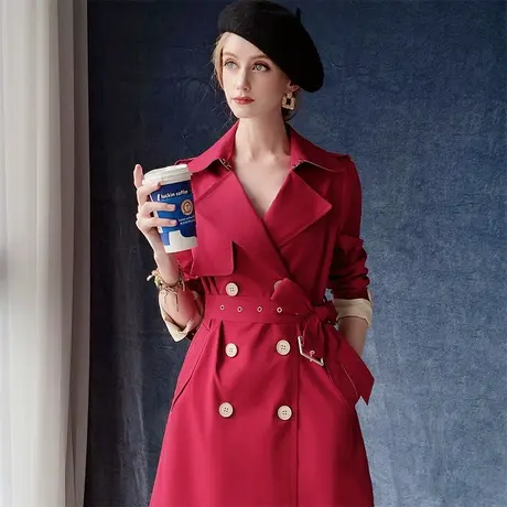 粉红大布娃娃气质外套女秋季流行新款中长款小个子百搭女神范风衣商品大图