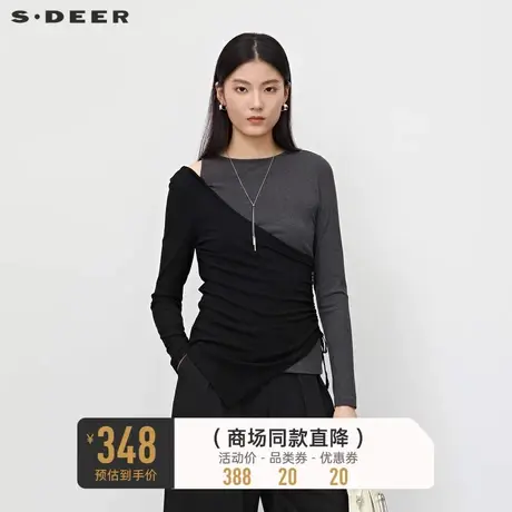 sdeer圣迪奥女装圆领露肩撞色系带长袖T恤S23180204🎳商品大图