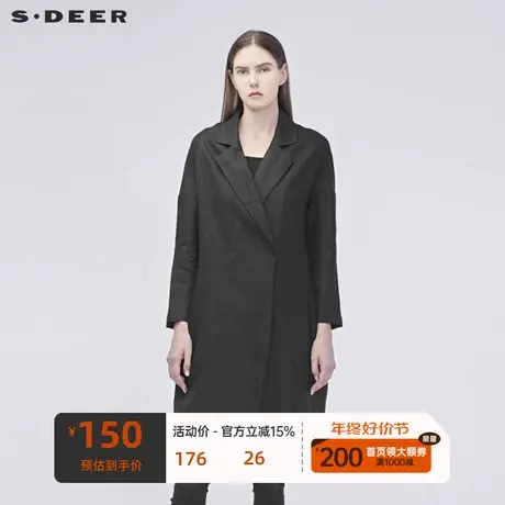 sdeer圣迪奥女简约平驳领落肩袖字母印胶H型纯黑风衣S19181806🎍商品大图