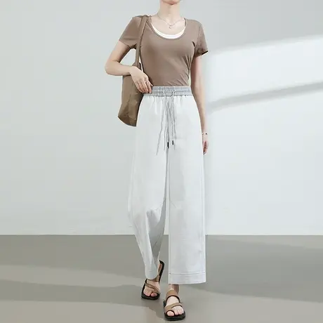 抽绳松紧腰阔腿牛仔裤女夏季薄款宽松显瘦高腰直筒小个子九分裤子商品大图