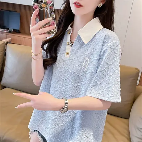 翻领polo衫短袖t恤女夏季韩版宽松大码女装撞色V领百搭假两件上衣商品大图