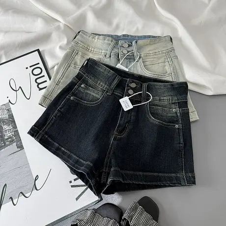 双扣高腰复古水洗牛仔短裤2025年夏季女装新款弹力修身包臀a字裤商品大图