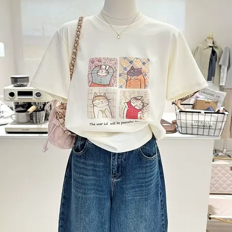 夏季新款韩系百搭卡通小猫印花宽松减龄短袖雪花棉T恤女半袖上衣商品大图
