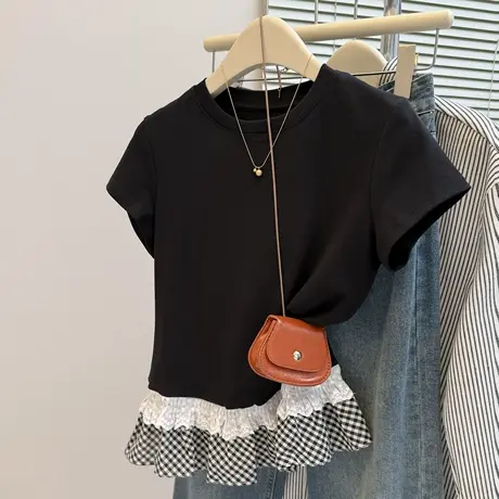 韩系高级感蕾丝拼接下摆短袖T恤女夏季设计感小众修身韩版上衣服图片