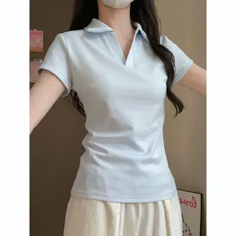 纯色POLO衫翻领短袖T恤女夏季修身韩版简约打底衫内搭可外穿上衣图片