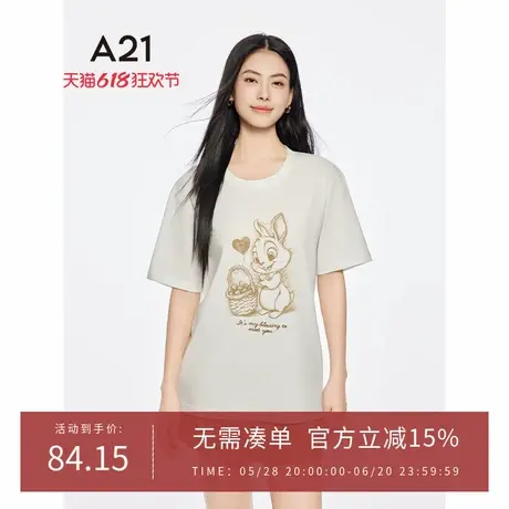 A21女装宽松显瘦圆领T恤2025夏季新款韩版印花字母兔子落肩袖上衣商品大图