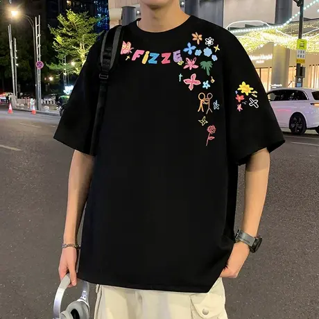 美式设计感短袖T恤男夏季2025新款oversize潮牌花卉半袖纯棉体恤图片