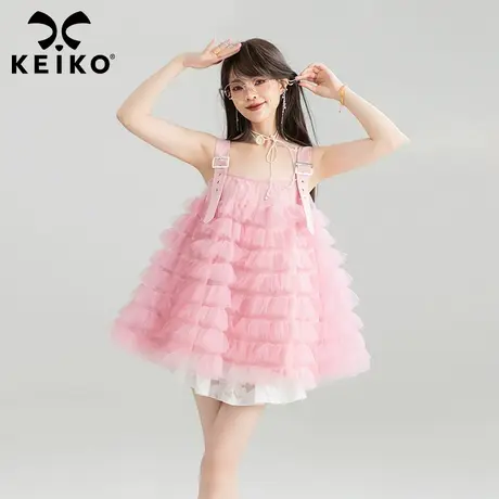 【呼呼严选专享】KEIKO夏日多巴胺穿搭樱花粉层叠轻纱吊带连衣裙商品大图