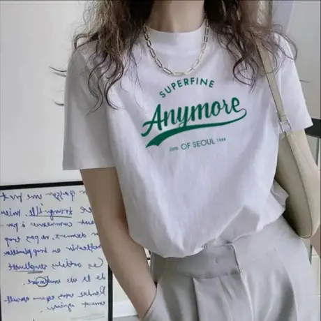 纯棉夏季短袖t恤女半高领新款韩版宽松chic港味字母印花正肩上衣图片