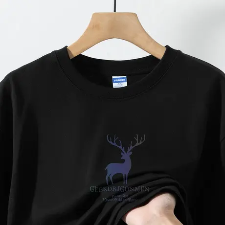 美式260g重磅纯棉短袖t恤男夏季圆领上衣服黑色半袖小鹿印花体恤商品大图