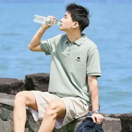 唐狮夏季新款男短袖Polo衫宽松休闲翻领上衣白色运动T恤潮流图片