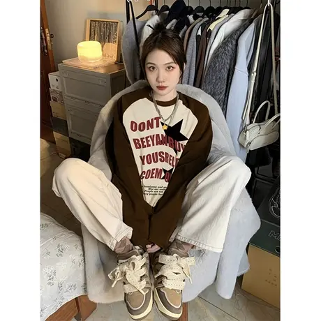 百搭拼接长袖t恤女爆款纯棉打底衫秋冬潮牌小众内搭撞色插肩袖ins图片