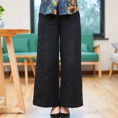 筠雅春秋新款中国风黑色复古改良直筒裤新中式女装休闲裤子24J098商品大图