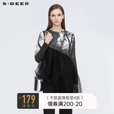 sdeer圣迪奥秋装个性圆领字母印花网纱长袖T恤S21180209图片