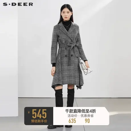 sdeer圣迪奥女装秋冬外套领格纹收腰千金毛呢长款大衣S22482513图片