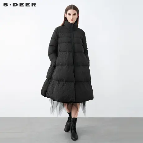 sdeer圣迪奥女装休闲高领肌理褶皱长款黑色羽绒服S21482436图片