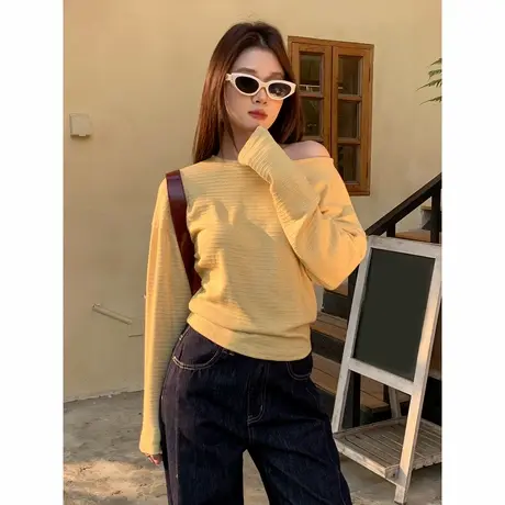 尔给斜肩长袖T恤女时尚纯欲露肩辣妹设计感上衣商品大图