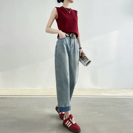 翻边直筒牛仔裤女2025春夏季薄款宽松窄版小个子八九分哈伦烟管裤商品大图