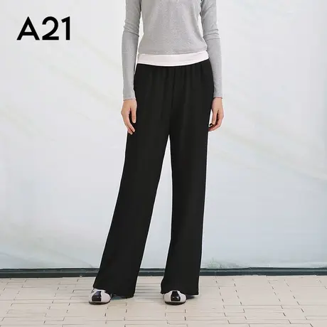 女装黑色系带休闲裤宽松阔腿裤微弹针织长裤商品大图