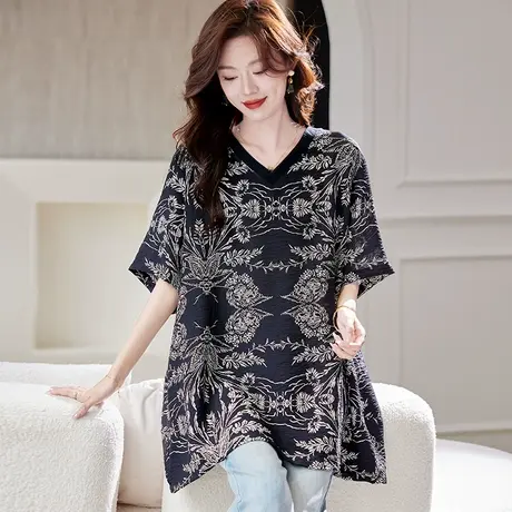 宝诗黎中长款宽松印花T恤2025夏季韩版洋气休闲百搭大码短袖上衣图片