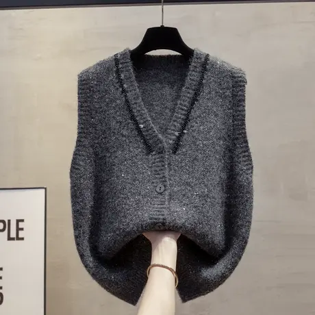 亮片开衫v领针织马甲背心2025春秋新款宽松外穿马夹叠穿毛衣坎肩图片