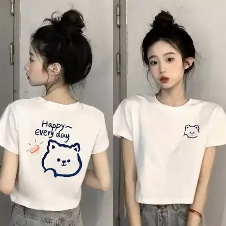 白色夏季2025新款韩版短袖宽松设计感小众纯棉短款t恤女百搭上衣商品大图