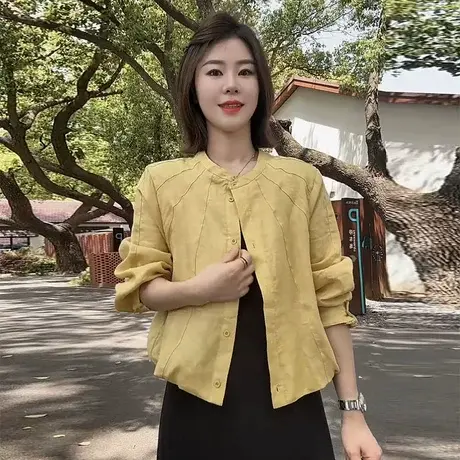 韩国小众设计感明线竖纹圆领长袖衬衫女花苞下摆宽松防晒衬衣上衣图片