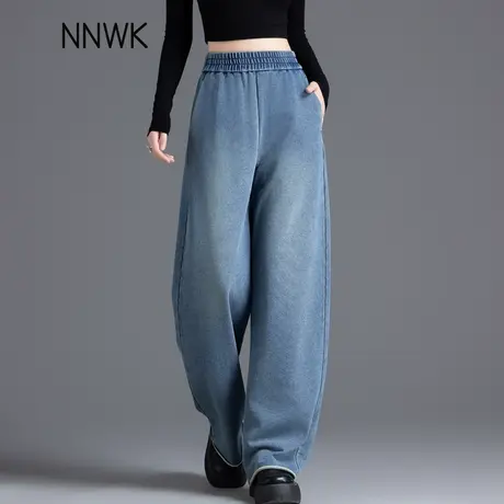 镰刀弯刀牛仔裤女2025新款裤子阔腿裤宽松慵懒风高腰直筒裤松紧腰图片