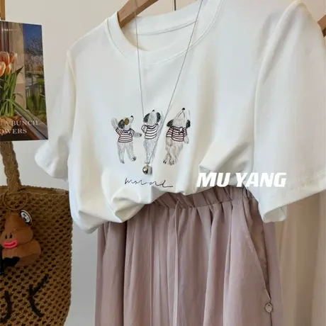 休闲卡通 三只小毛熊凉感雪花棉短袖T恤女2025夏日短款正肩上衣服商品大图