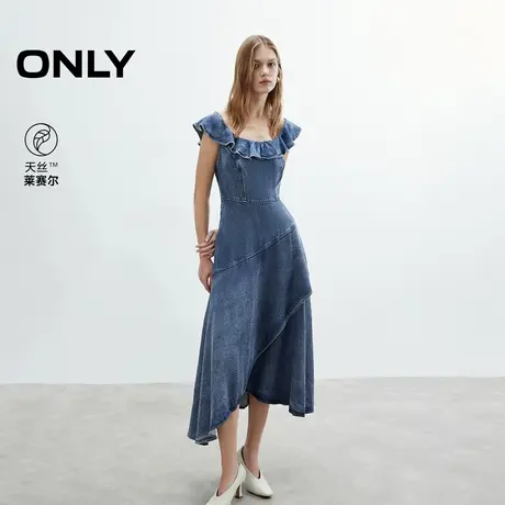 ONLY2025夏季新款天丝垂感甜美荷叶边短袖不规则牛仔连衣裙女商品大图