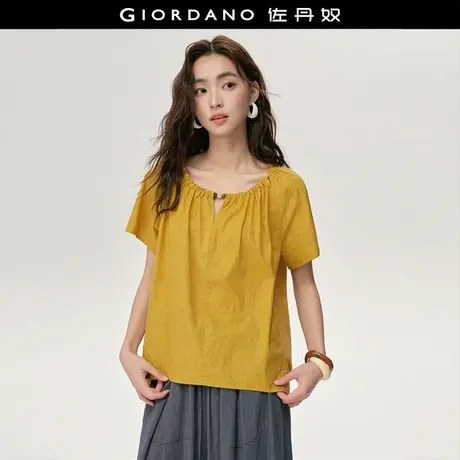 设计师款佐丹奴宽松衬衫女纯棉镂空串珠圆领插肩短袖衬衫18345817商品大图