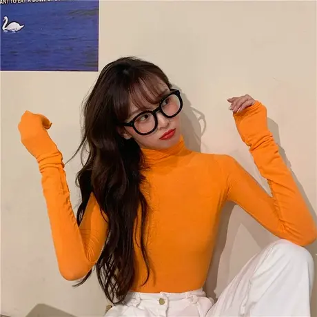 韩国风ins亮色橙色橘色纯色基础款百搭高领显瘦打底衫上衣女秋冬图片