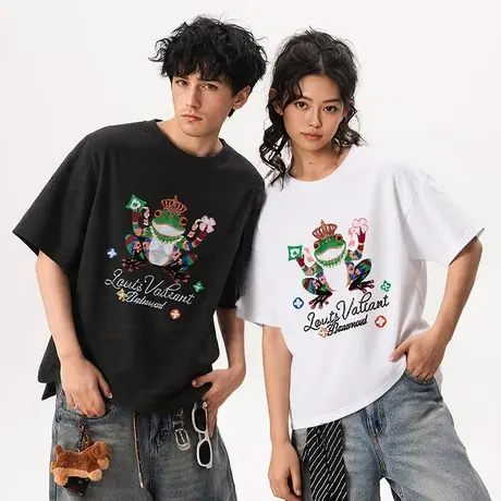 街派一族光感刺绣青蛙t恤男女情侣款夏季国潮半袖纯棉短袖上衣商品大图