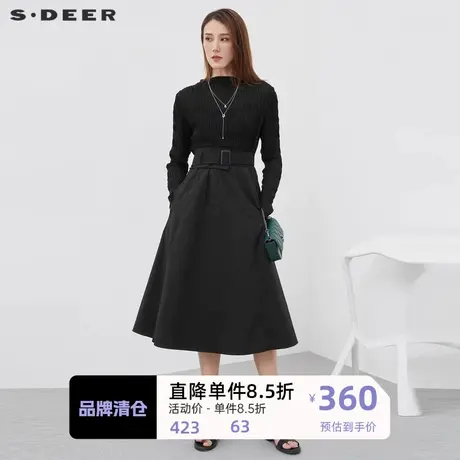 sdeer圣迪奥女装一字领收腰吊带两件套长袖连衣裙S221Z1208商品大图