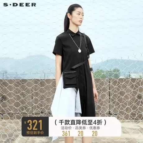 sdeer圣迪奥夏装裙子条纹拼接不规则短袖黑色衬衫连衣裙S222Z1214商品大图