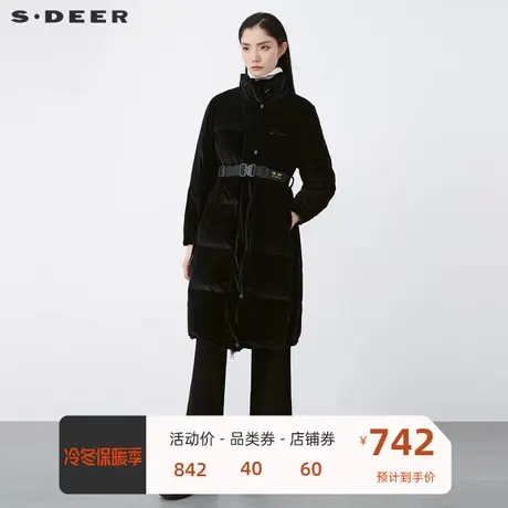 sdeer圣迪奥女装高领撞色字母收腰灯芯绒长款羽绒服S21462425🚞商品大图